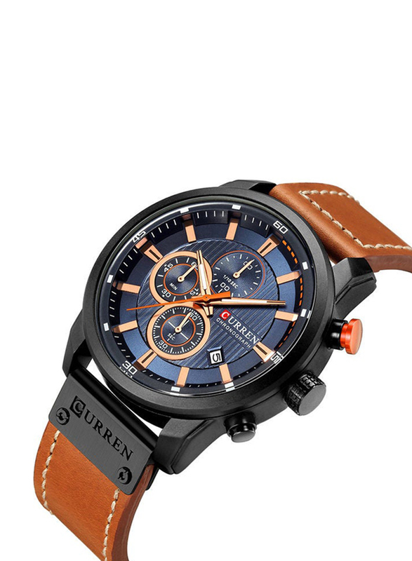Curren Analog Watch for Men with PU Leather Band, Water Resistant and Chronograph, J3591-5-1-KM, Brown-Black