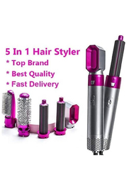 5-in-1 Hair Dryer Hot Air Brush Styler Negative Iron Hair Straightener Volumizer Hair Curler, Grey/Pink