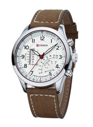 Curren 43mm Military Quarts Wrist Watch for Men with Leather Strap, Water Resistant & Chronography, 8152, Brown-White