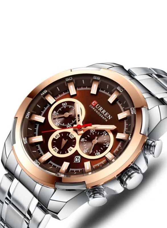 Curren Analog + Digital Watch for Men with Stainless Steel Band, Water Resistant and Chronograph, 8361, Silver-Brown