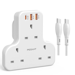 Multi Plug Extension Power Adapter with USB-C to USB-C Cable, White