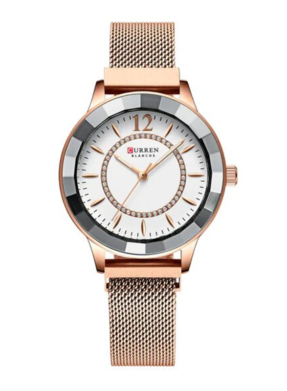 Curren Magnetic Mesh Quartz Analog Watch for Women with Stainless Steel Band, Water Resistant, 9066, Rose Gold/White