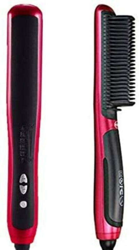 2-In-1 Hair Straightener Brush & Curler Comb with Anti-Scald Technology, Black/Red