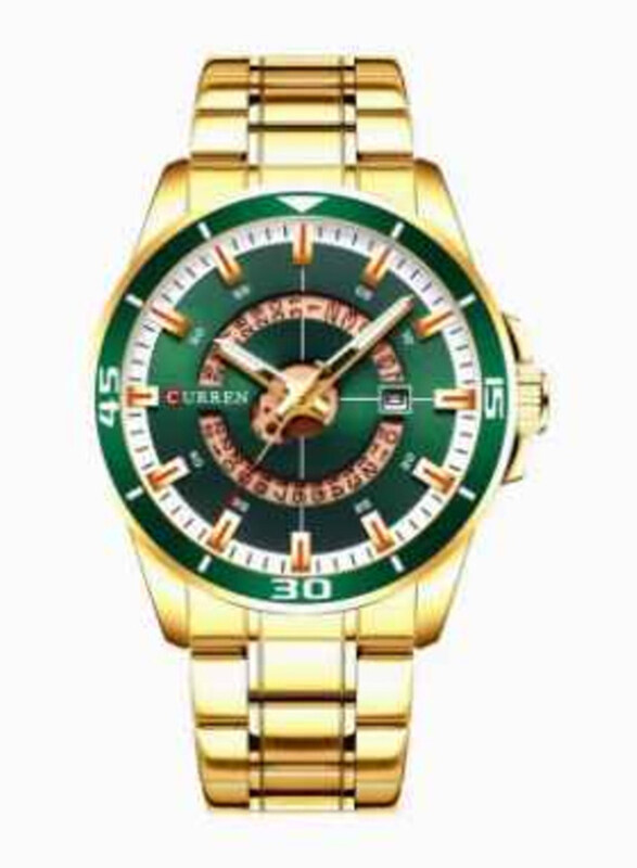 

Curren Analog Watch for Men with Stainless Steel Band, Water Resistant, J4030G-GR-KM, Green-Gold