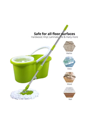 Spin Mop Bucket System 360 Spin Mop & Bucket Floor Cleaning Stainless Steel Mop Bucket with 2 Microfiber Replacement Head Refills, Green/White