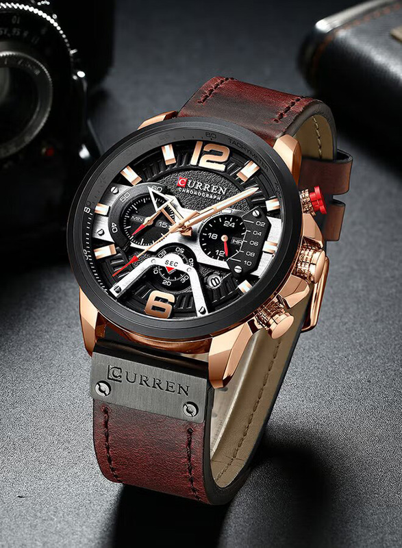 Curren Analog Watch for Men with Leather Band, Chronograph, J3813K-KM, Brown/Black