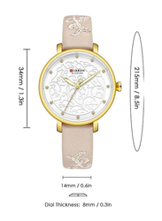 Curren Analog Watch for Women with PU Leather Band, Beige-White