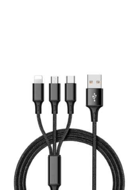 3 In 1 Nylon Braided Cable, 2.8A USB Male to Multiple Types for Smartphones/Tablets, Black