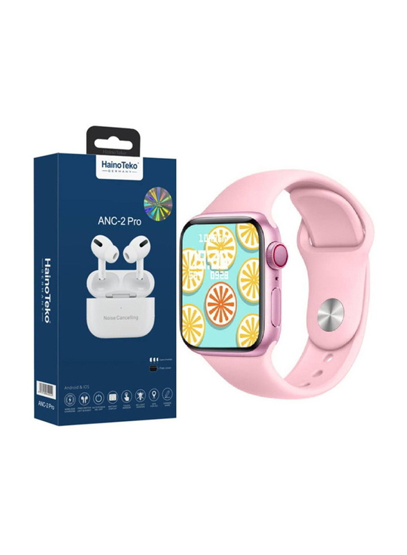Haino Teko Germany 2-in-1 ANC-2 Pro Wireless In-Ear Bluetooth Earbuds with HW16 Smartwatch, White/Pink