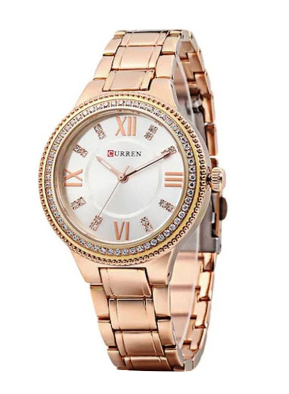 Curren Analog Watch for Women with Stainless Steel Band, Water Resistant, 9004, Rose Gold-White