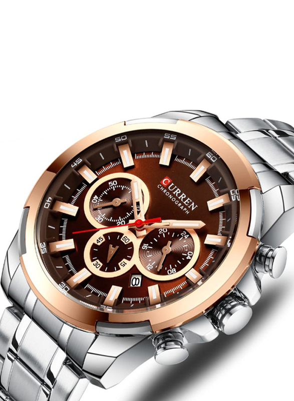 Curren Analog Watch for Men with Stainless Steel Band, Water Resistant and Chronograph, J4195S-K, Silver-Brown