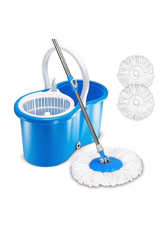 Spin Stainless Steel Handle Mop Bucket with Wringer Set & Floor Cleaning System Easy Wring Foot Pedal, Blue/White