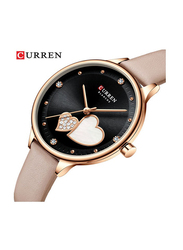 Curren Stone Studded Analog Watch for Women with Leather Band, J-4781B, Pink-Black