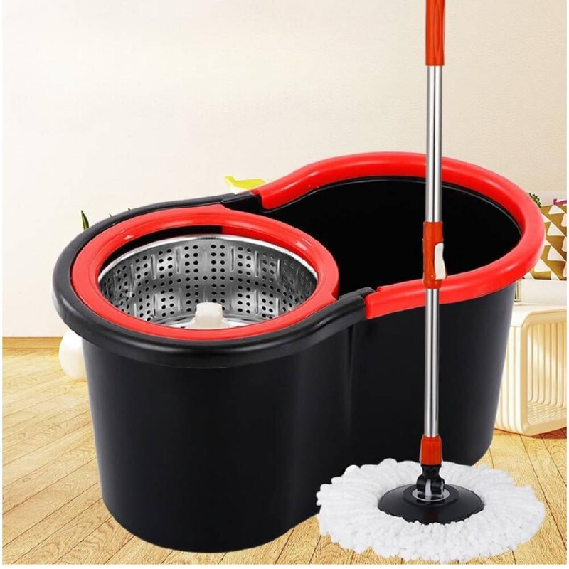 Spin Stainless Steel Handle Mop Bucket with Wringer Set & Floor Cleaning System Easy Wring Foot Pedal, Black/Red