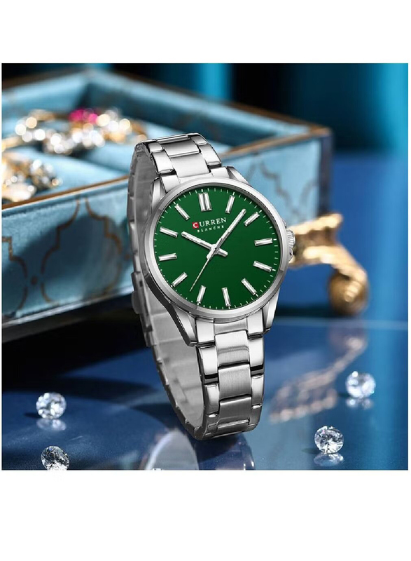 Curren Analog Watch for Women with Stainless Steel Band, Water Resistant, Silver-Dark Green