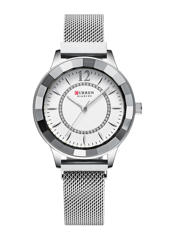 Curren Analog Magnetic Mesh Band Quartz Watch for Women with Stainless Steel, Water Resistant, 9066, Silver-White