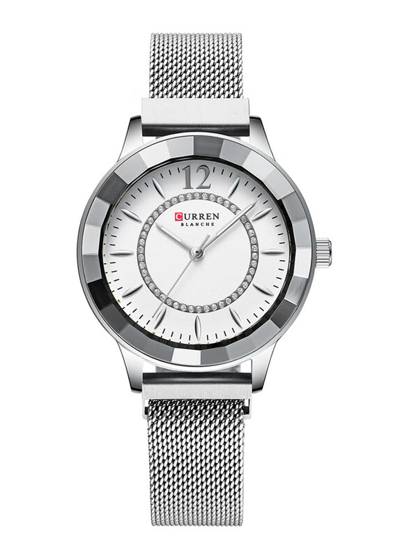 

Curren Analog Magnetic Mesh Band Quartz Watch for Women with Stainless Steel, Water Resistant, 9066, Silver-White