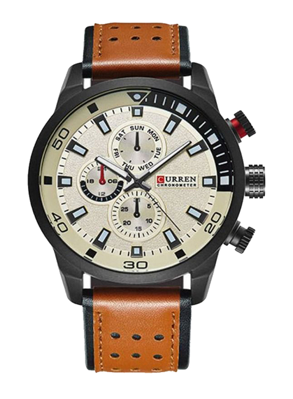 Curren Analog Watch for Men with Leather Band, Water Resistant and Chronograph, 8250, Brown-Beige