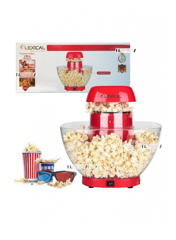 Lexical Household Hot Air Popcorn Maker Machine, LPO-3502, Red/Clear