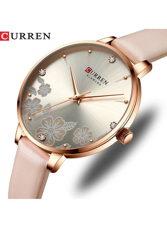 Curren Analog Watch for Women with Leather Band, Water Resistant, 9068, Pink-Silver