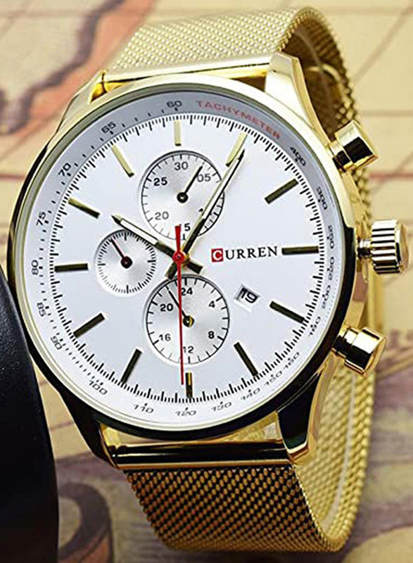 Curren Analog Watch for Men with Stainless Steel Band, Chronograph, 8227, White/Gold
