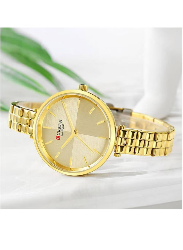 Curren Analog Watch for Women with Stainless Steel Band, Water Resistant, Gold-Gold/Beige