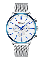 Curren Casual Quartz Analog Watch for Men with Stainless Steel Band, Water Resistant and Chronograph, 8340, Silver/White