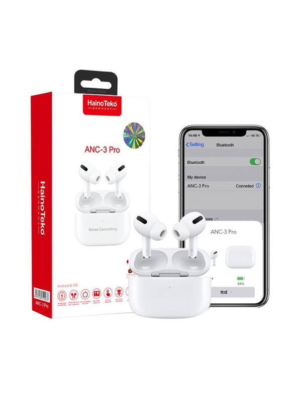 Haino Teko Germany 2-in-1 ANC-3 Pro Wireless In-Ear Bluetooth Earbuds with HW-22 Smartwatch, White