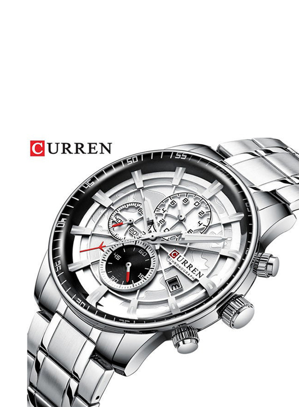Curren Analog Watch for Men with Metal Band, Chronograph and Water Resistant, J4394S2-KM, Silver-White