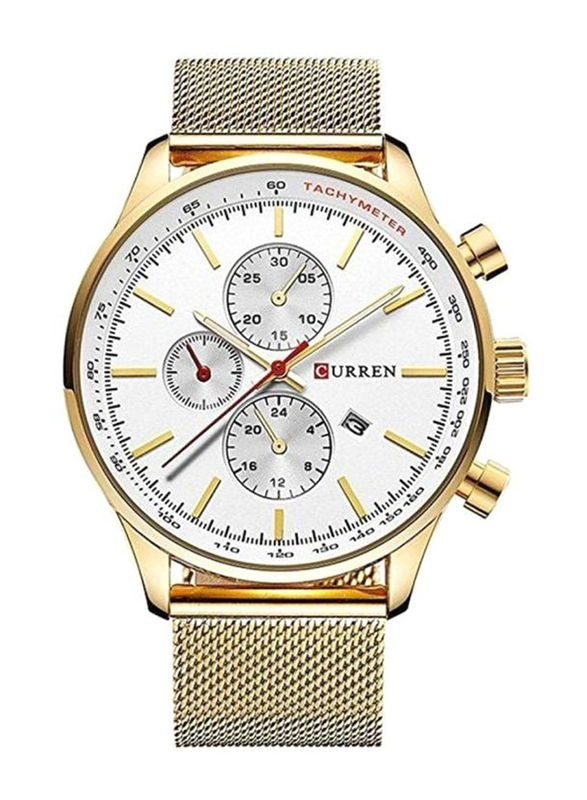 Curren Analog Watch for Men with Stainless Steel Band, Chronograph, WT-CU-8227-GO1, White/Gold