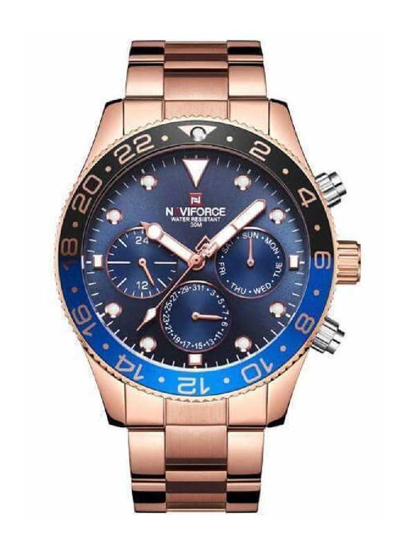 Naviforce Analog Watch for Men with Stainless Steel Band, Chronograph and Water Resistant, NF9147, Rose Gold -Blue