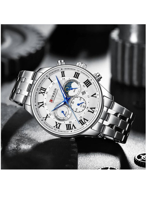 Curren Analog Watch for Men with Stainless Steel Band, Water Resistant and Chronograph, Silver