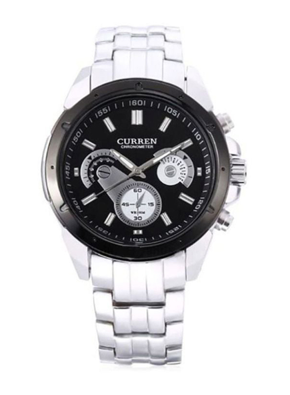 Curren Analog Watch for Men with Stainless Steel Band, Water Resistant and Chronograph, WT-CU-8009-B, Silver-Black