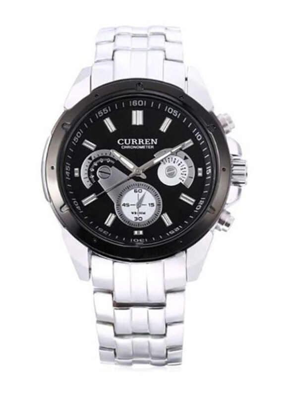 

Curren Analog Watch for Men with Stainless Steel Band, Water Resistant and Chronograph, WT-CU-8009-B, Silver-Black