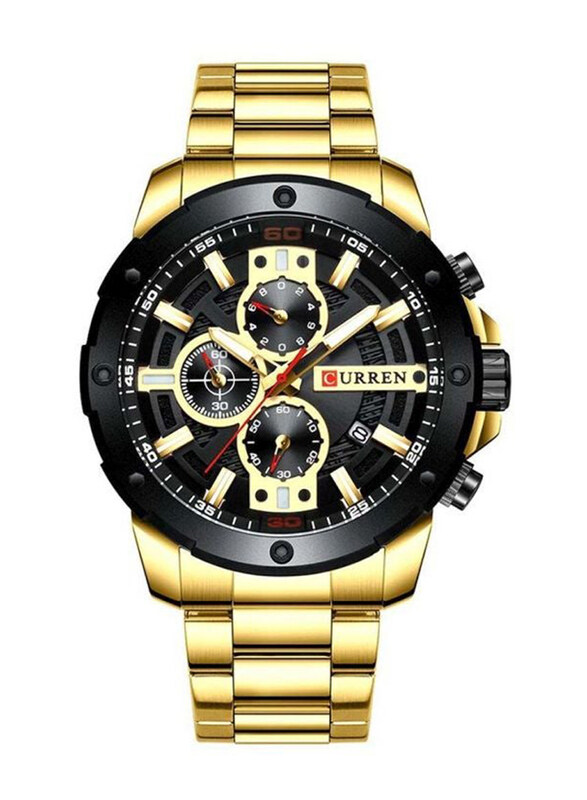 Curren Analog Watch for Men with Stainless Steel Band, Water Resistant and Chronograph, J4057G-KM, Gold-Black