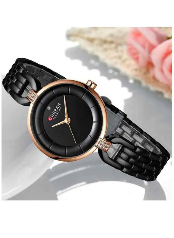 Curren Analog Watch for Women with Stainless Steel Band, Water Resistant, 9052, Black-Black