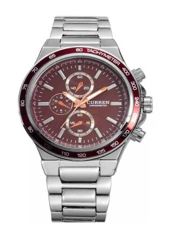 

Curren Analog Watch for Men with Stainless Steel Band, Water Resistant and Chronograph, 8011, Silver-Red