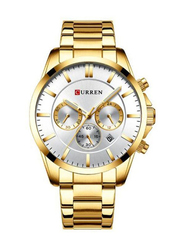 Curren Analog Watch for Men with Stainless Steel Band, Water Resistant and Chronograph, J4140G-KM, Gold-White