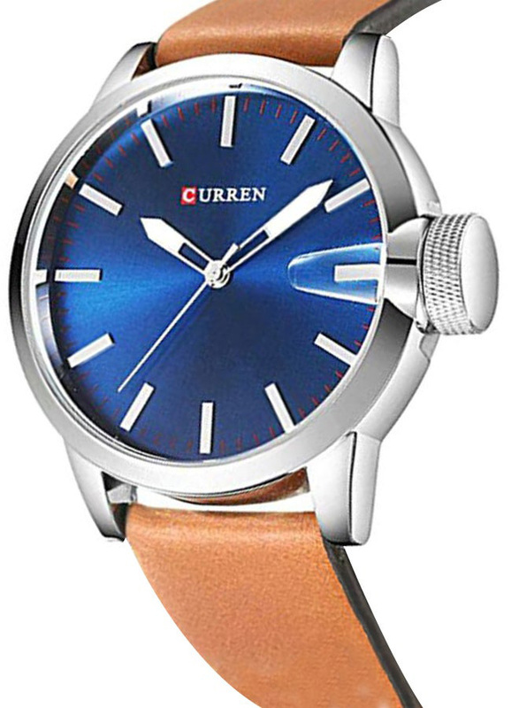 Curren Analog Watch for Men with Leather Band, Water Resistant, 8208, Blue/Brown