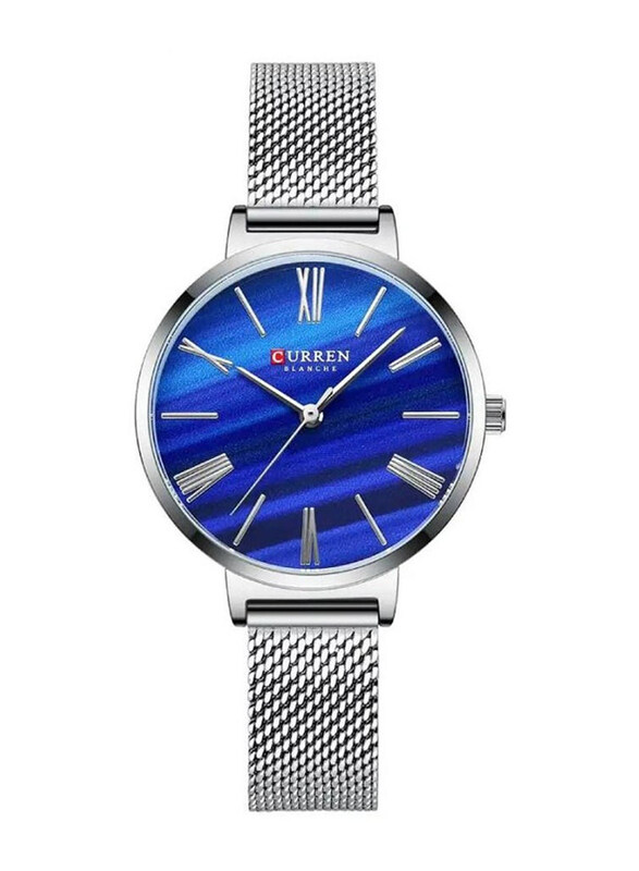 Curren Analog Watch for Women with Stainless Steel Band, Water Resistant, Silver-Blue