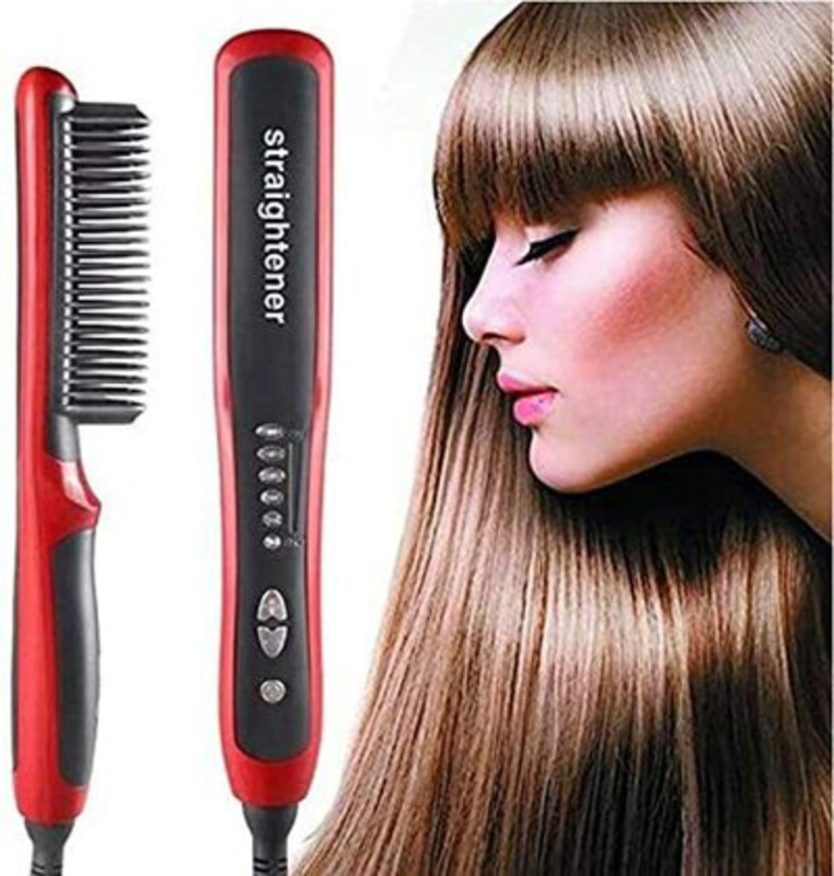 2-In-1 Hair Straightener Brush & Curler Comb with Anti-Scald Technology, Black/Red