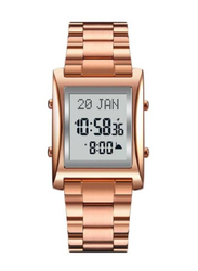 SKMEI Digital Adhan Alarm & Islamic Calendar Prayer Watch for Men with Stainless Steel Band, Water Resistant, Rose Gold-Multicolour