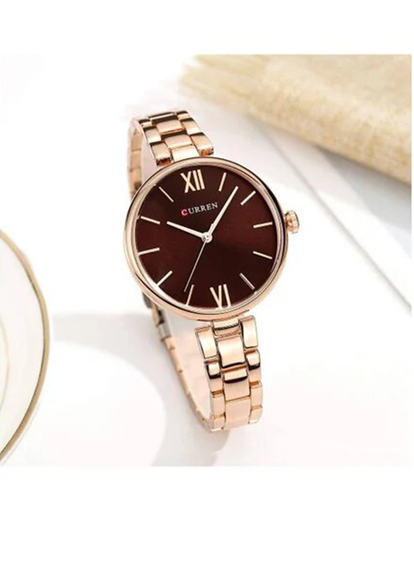 Curren New Quartz Analog Movement Watch for Women with Stainless Steel Band, Water Resistant, 9017, Rose Gold/Burgundy