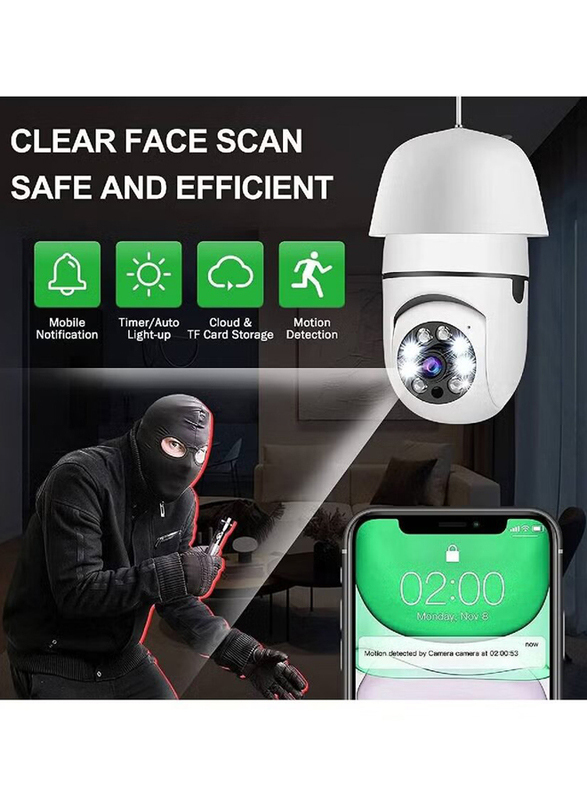 360 Degree 2.4GHz & 5G WiFi 1080p Light Bulb Wireless Outdoor Security Camera, White