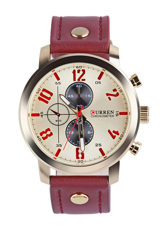 Curren Analog Watch for Men with Leather Band, Water Resistant and Chronograph, 8192, Brown-Gold