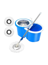 Spin Stainless Steel Handle Mop Bucket with Wringer Set & Floor Cleaning System Easy Wring Foot Pedal, Blue/White