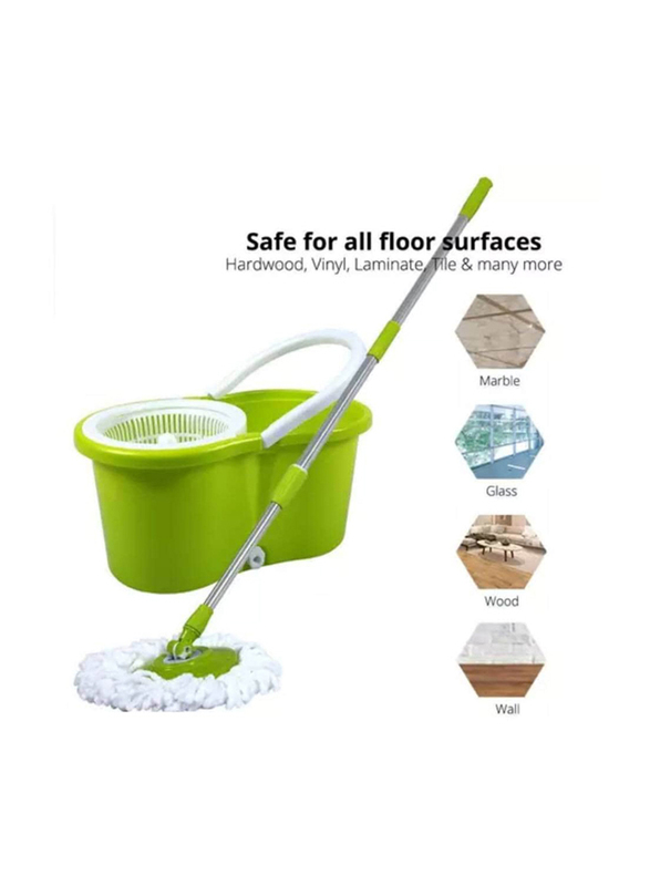 Spin Mop Bucket System 360 Spin Mop & Bucket Floor Cleaning Mop Bucket with 2 Microfiber Replacement Head Refills, Green/White