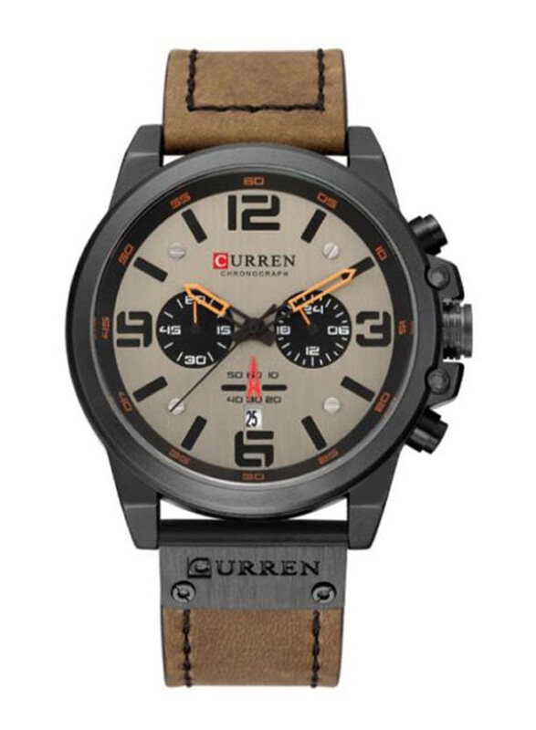 

Curren Analog Watch for Men with PU Leather Band, Chronograph, J4370-4-KM, Beige/Brown