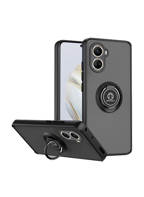

Generic Huawei Nova 10 Se Protective Shockproof Metal Ring Holder Grip Kickstand Car Magnetic Mount Matte Back Mobile Phone Case Cover, Black