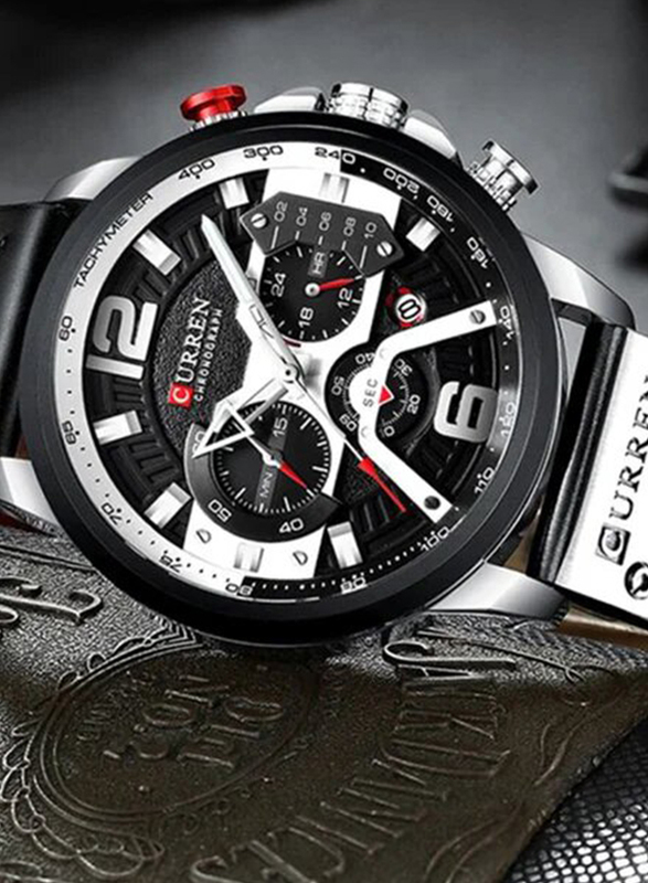 Curren Analog Watch for Men with Leather Band, Chronograph, J3813B-KM, Black/Multicolour
